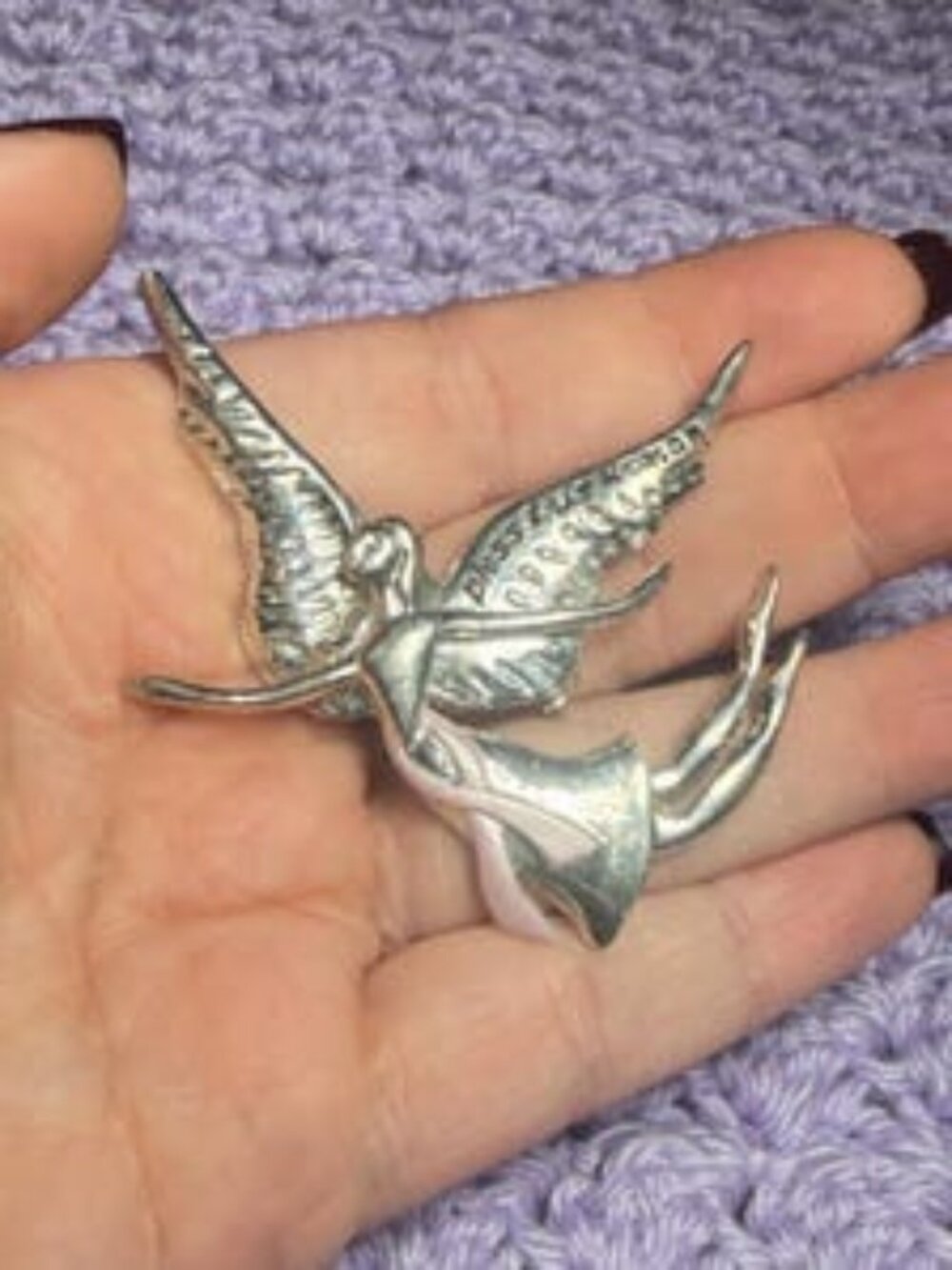 Angel Brooch Bless This Woman Breast Cancer Ribbon Vintage Pin 3 inches